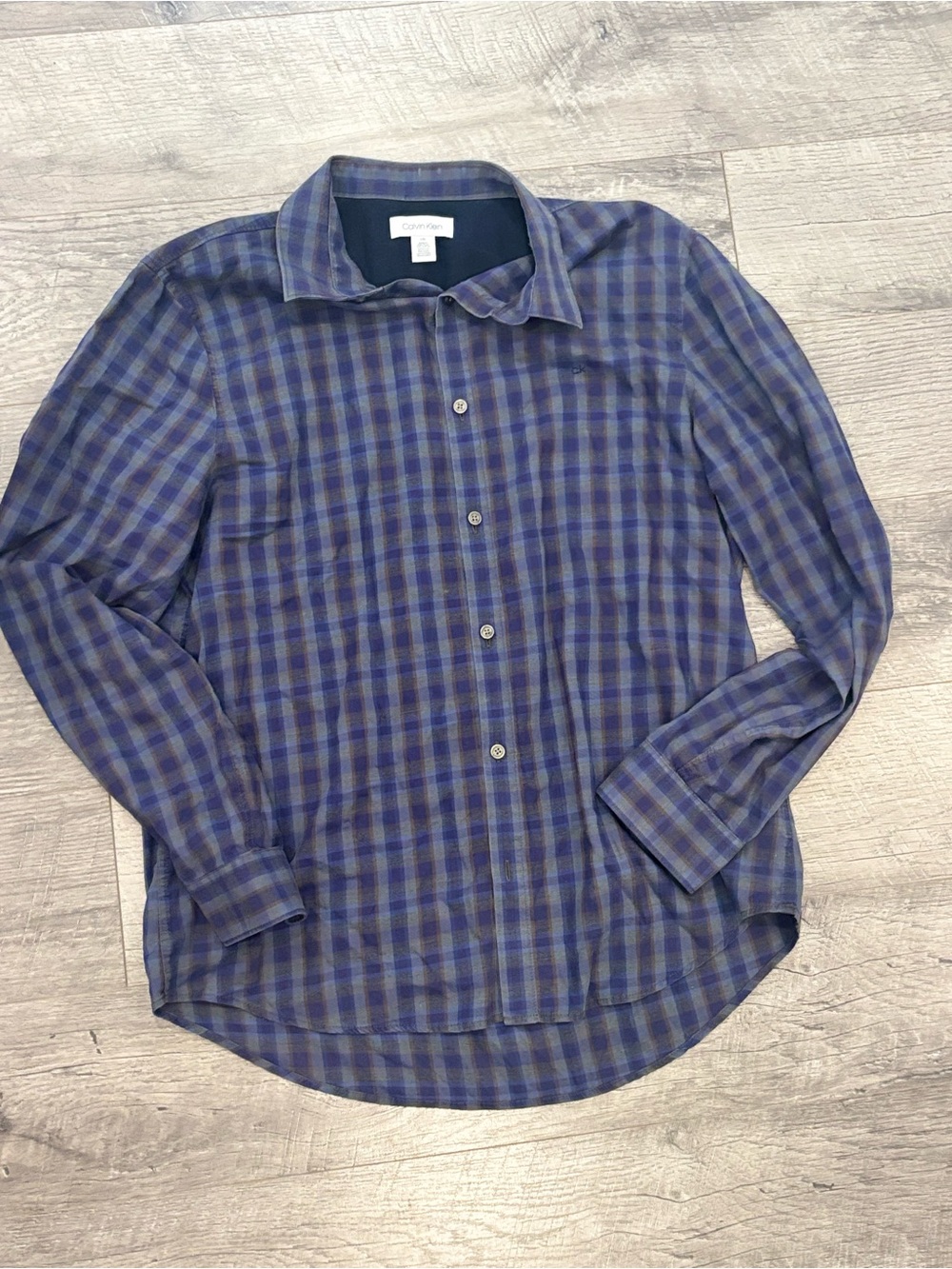 Calvin Klein Men's Blue/Gray/Brown Plaid Cotton Woven Long Sleeve Button-Up L